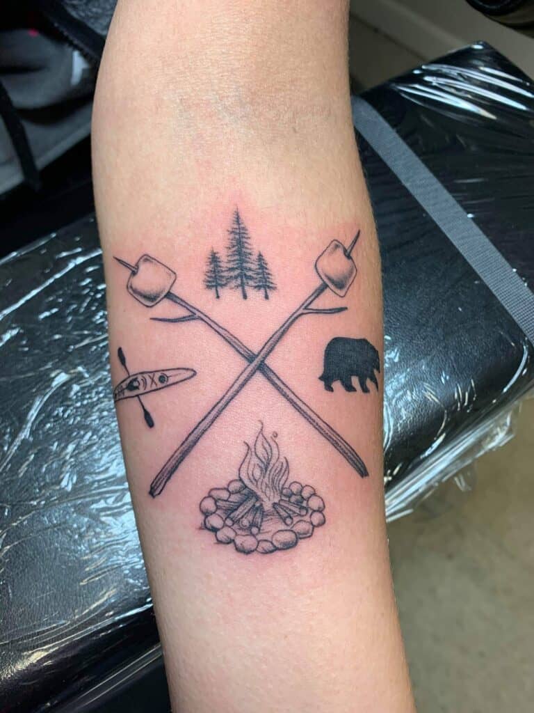 minimalist camping tattoo