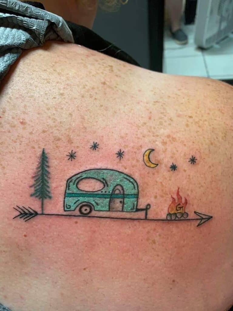 Happy camper tattoo done by Honest Bob at Golden Rule Tattoo in Phoenix AZ   rtattoos