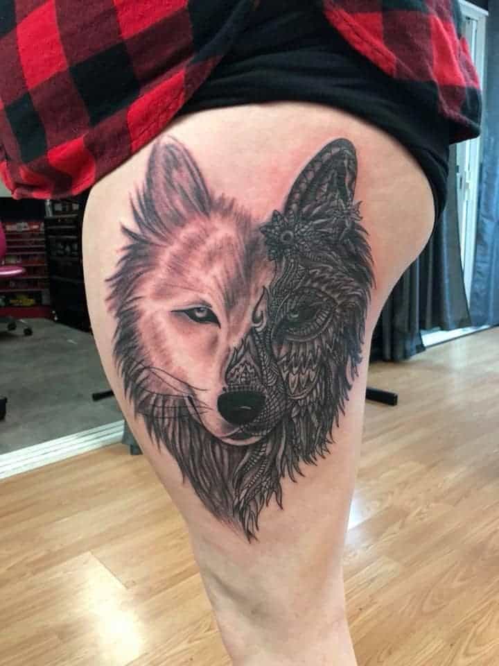 wolf thigh tattoo