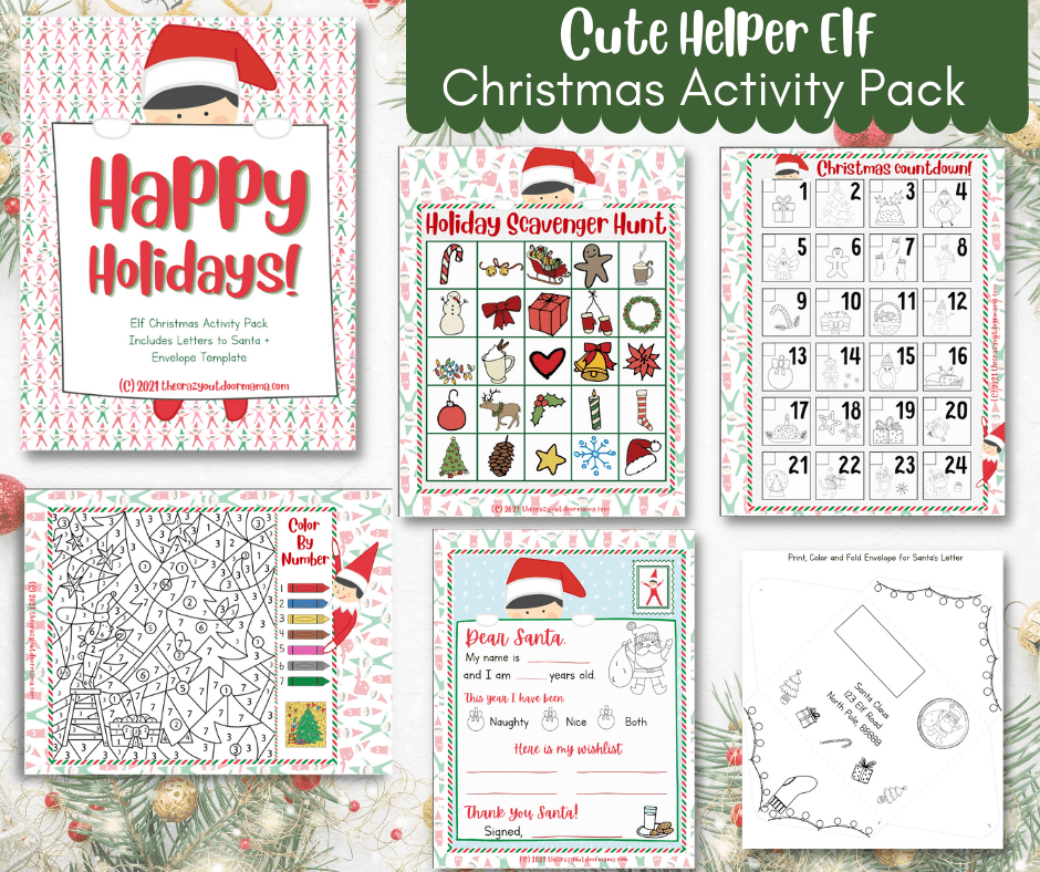 cute helper elf themed printable activity pack for kids Christmas letter to santa envelope scavenger hunt