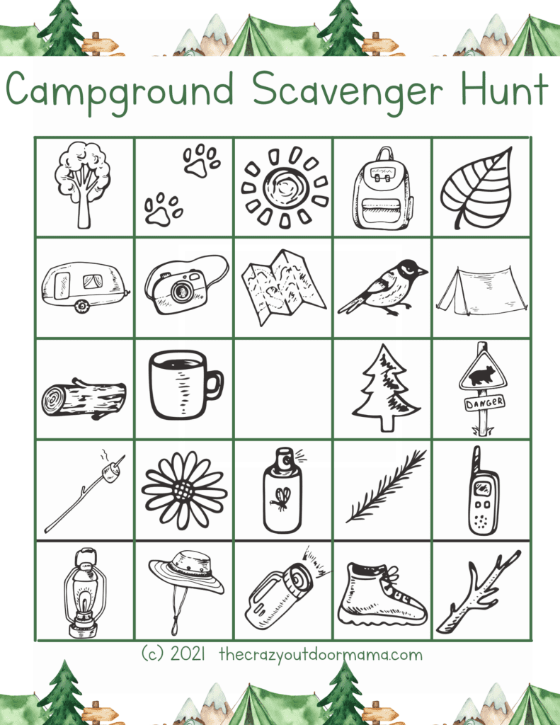 camping scavenger hunt printable activity for kids