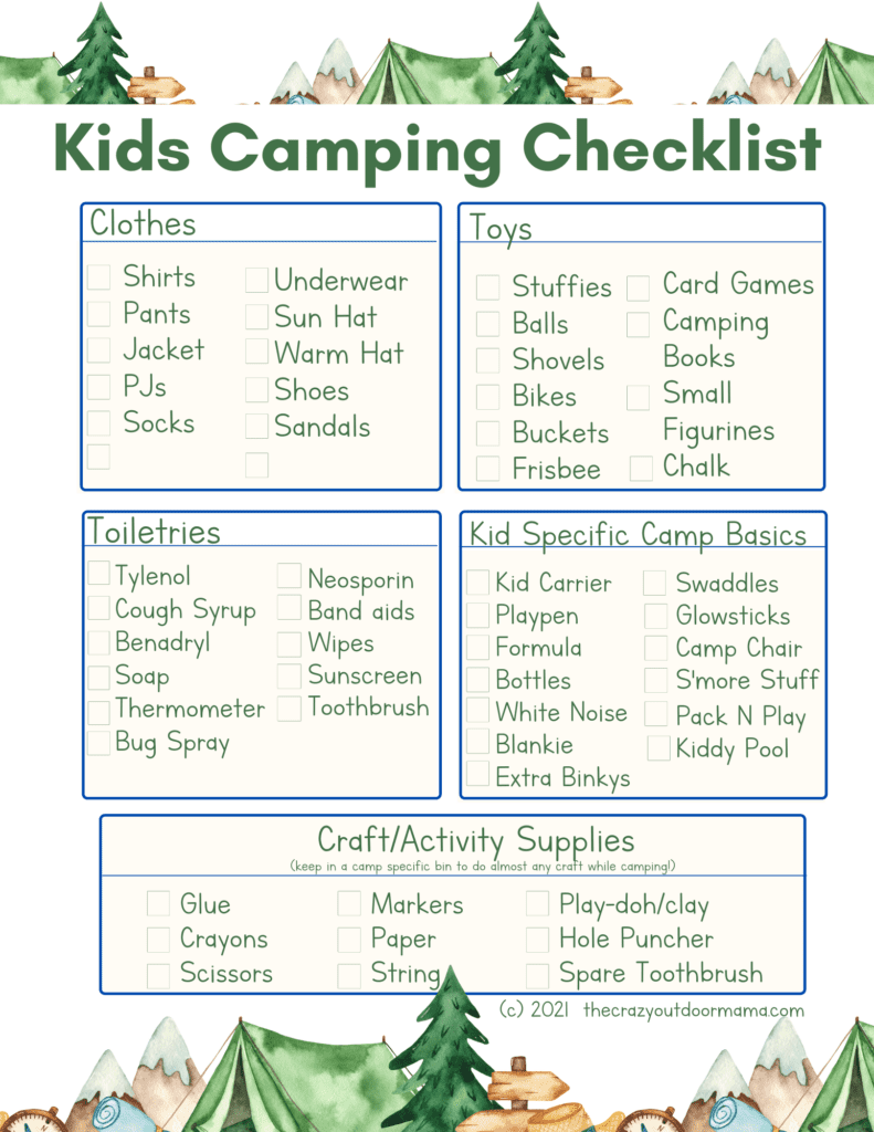 kids camping checklist printable