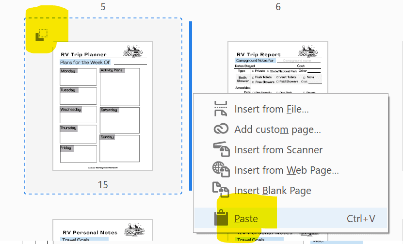 how to duplicate pages for camping journal layout in adobe acrobat