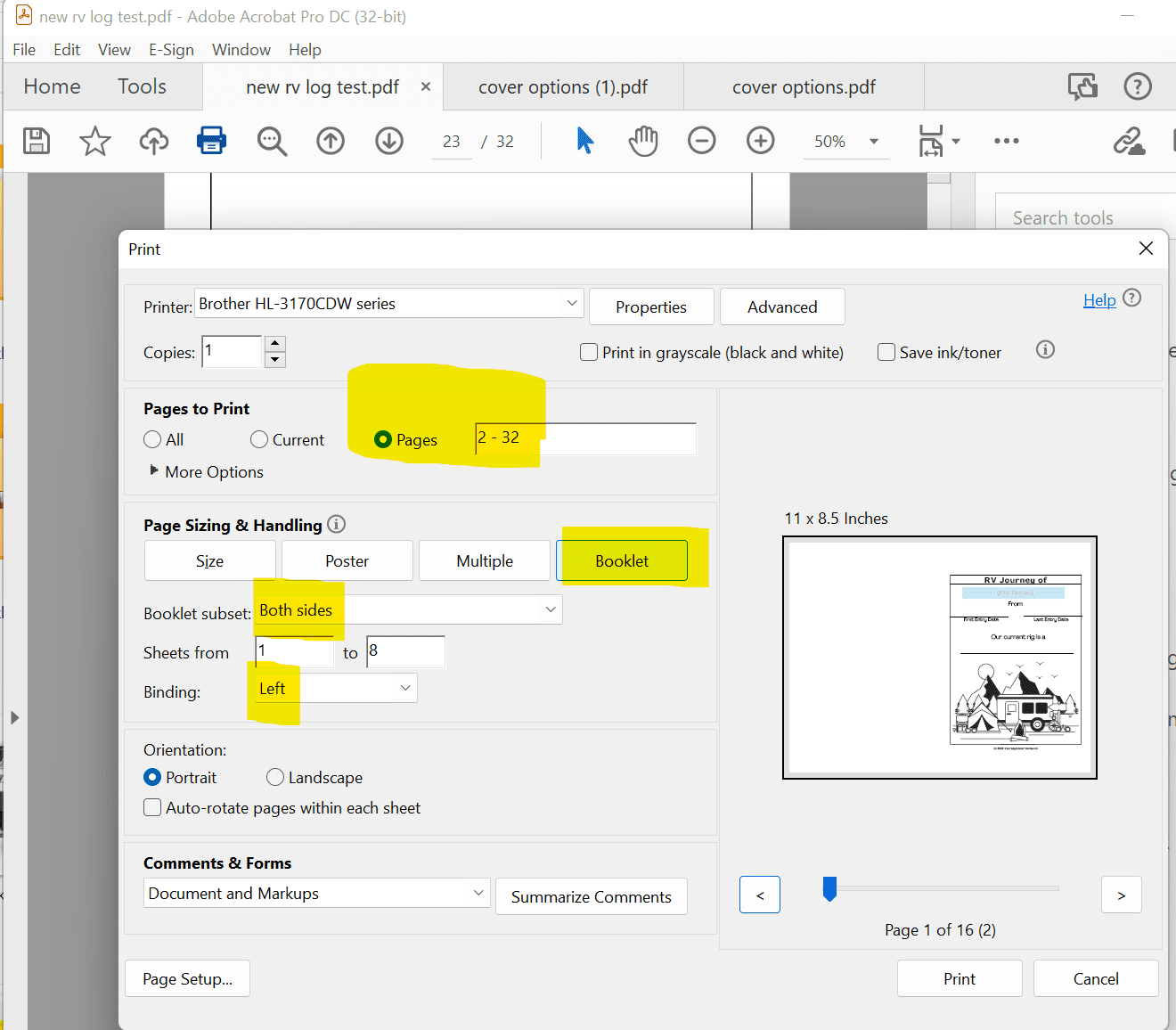 print settings for printing bound camping journal at home