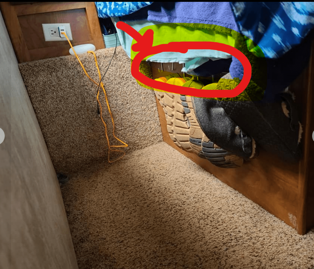 rv camper shoe storage idea on hangers under mattress