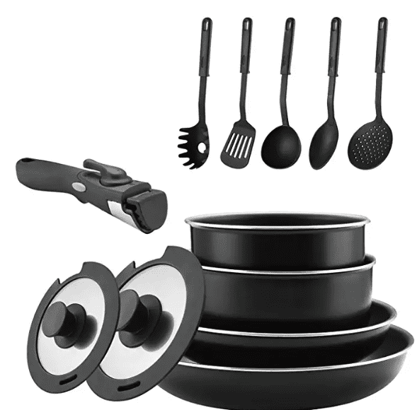 nesting pot set with removable handles to save space in rv