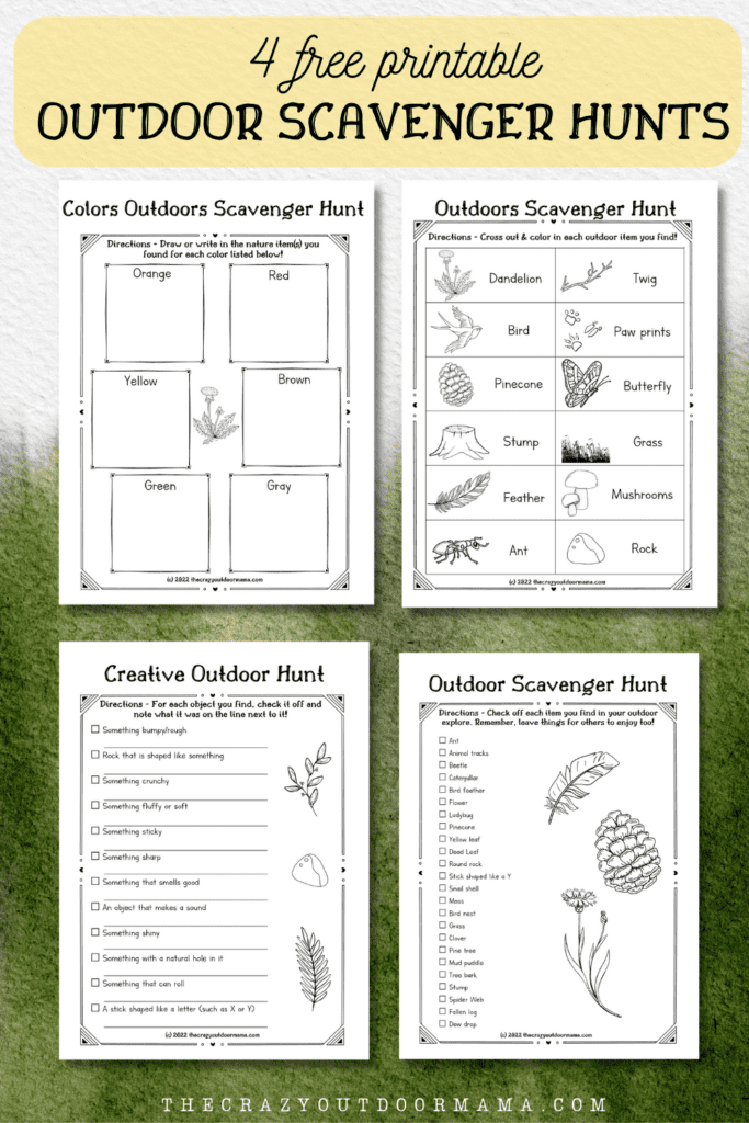 free printable outdoor scavenger hunt for kids using colors, pictures, creativity and a traditional list style.