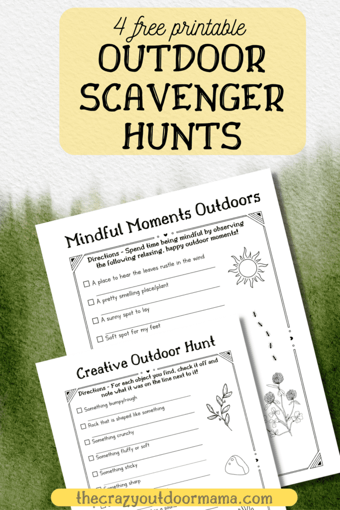 outdoor scavenger hunt printables for kids showing mindful moments outdoors and creative outdoor hunt