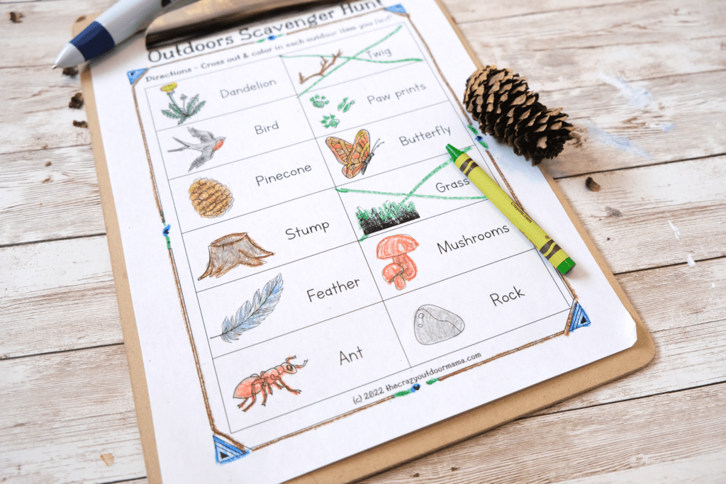 simple outdoor scavenger hunt using pictures kids can color in featuring things like dandelion, bird, pinecone, rock, ant mushrooms stc