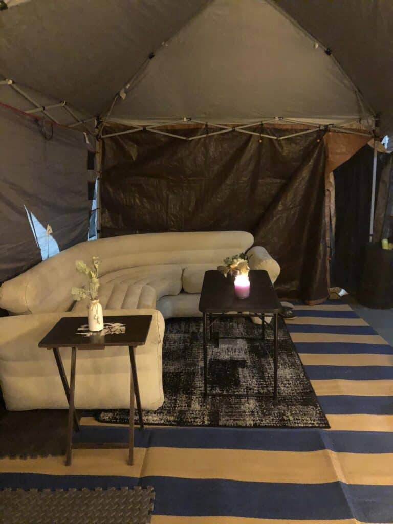 interior of tent layout idea with inflatable couch