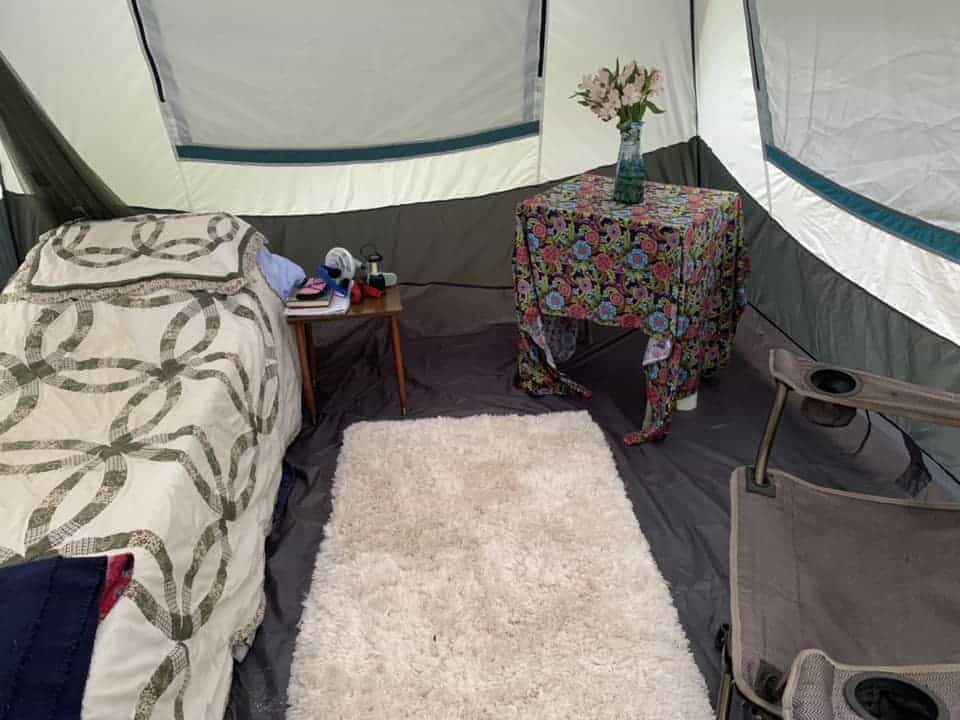 single person interior tent setup 