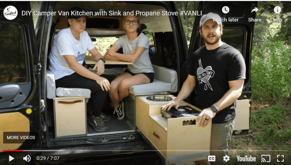 diy camp van kitchen with sink and propane stove crafted workshop