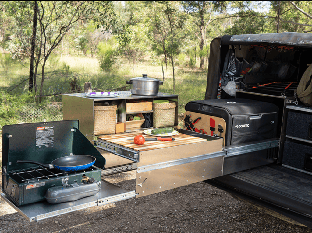 stainless steel slide out camp kitchen for overlanding