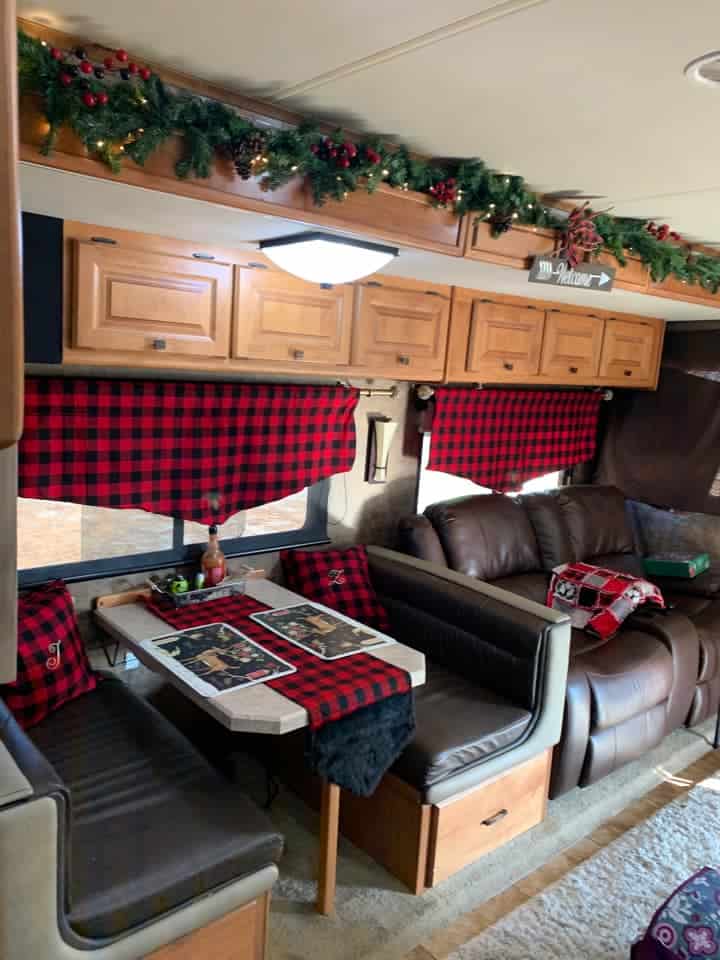 plaid window decor for holidays in camper