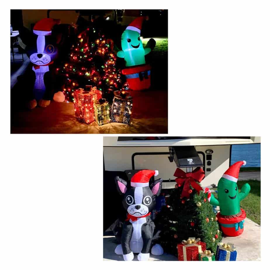 cute hitch decor idea for camper with christmas tree and inflatable dog and cactus