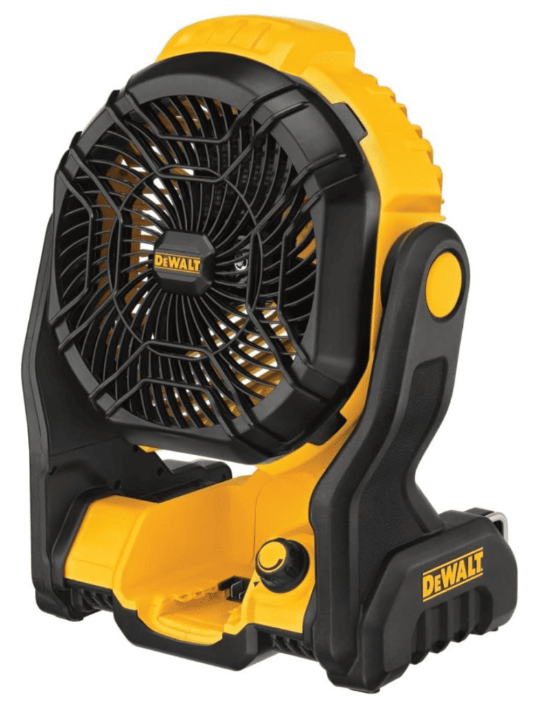 yellow dewalt camp fan to keep tent cool