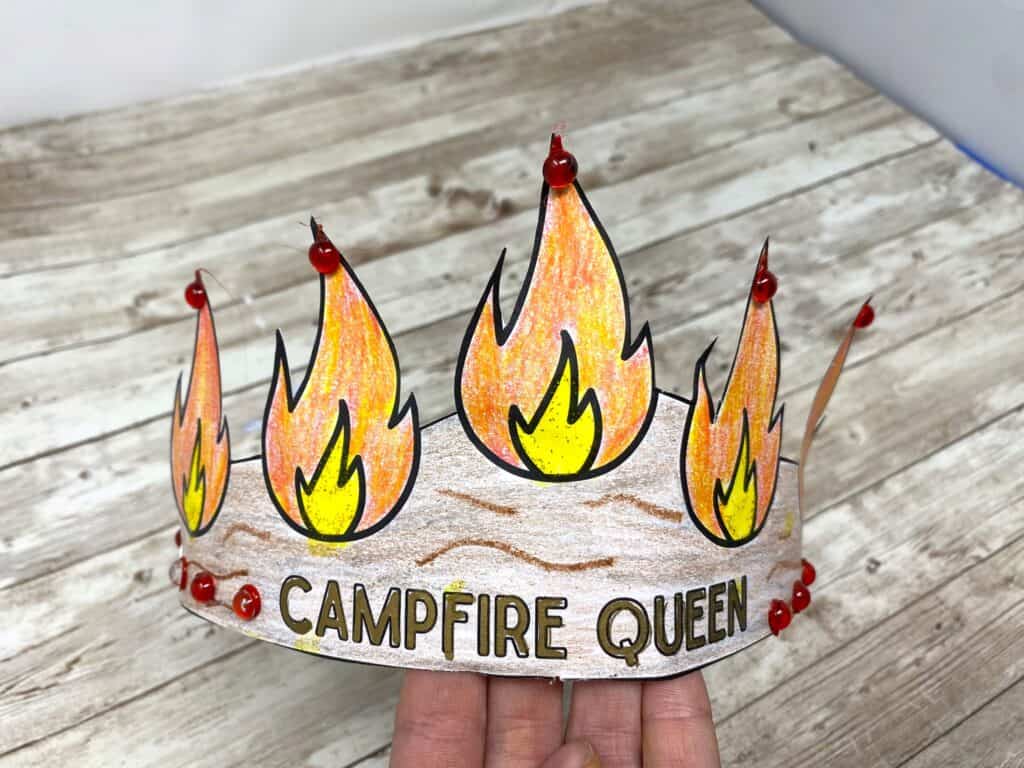 printable campfire queen crown with orange flames, red gems 