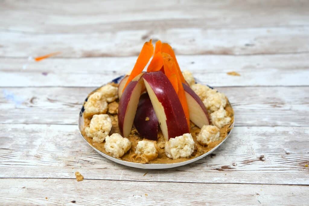 food campfire safety activity idea for kids using rice krispie, peanut butter, apples and carrots