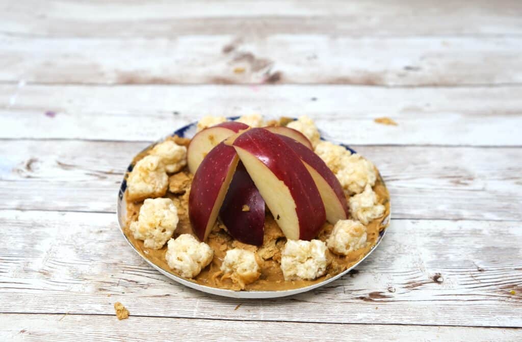 food laid out to look like a campfire including rice krispie rocks, grahram cracker tinder and apple slice logs