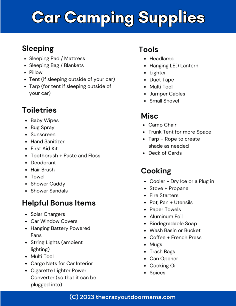 printable car camping and living checklist