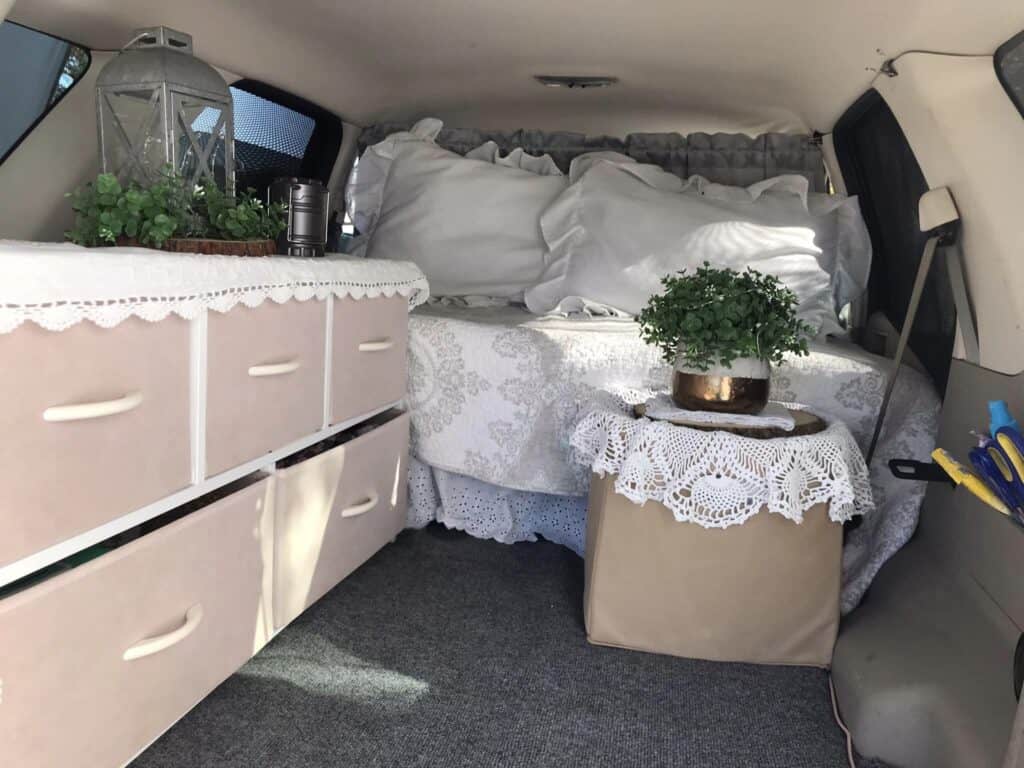 coquette aesthetic lace and pink car camping interior design