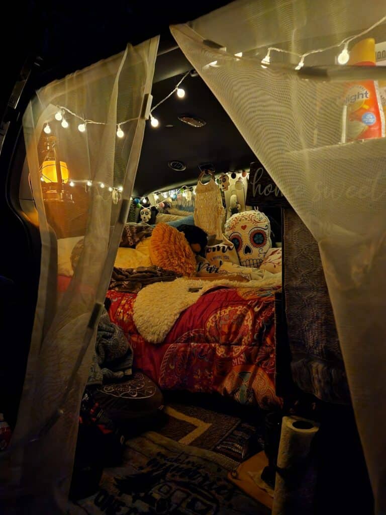 car camping suv aesthetic idea day of the dead skull fairy lights