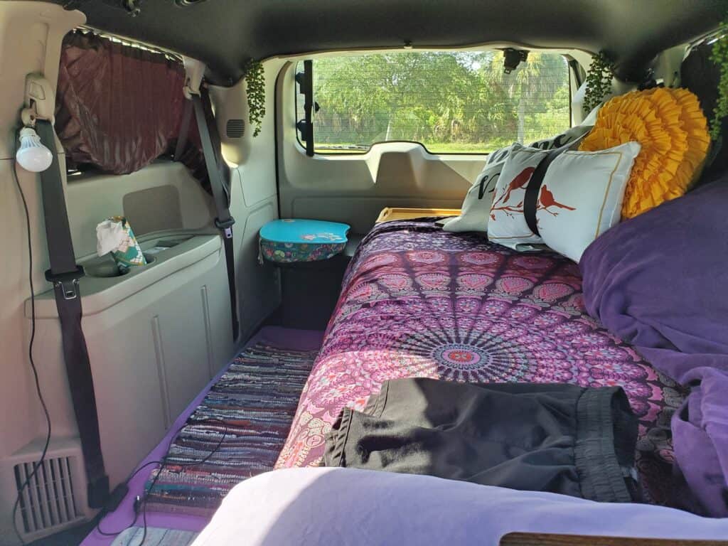 car camping setup in van