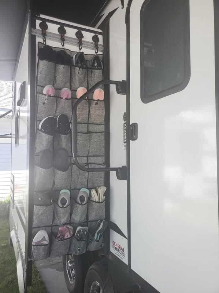 shoe storage for camper hanging from side of slide out