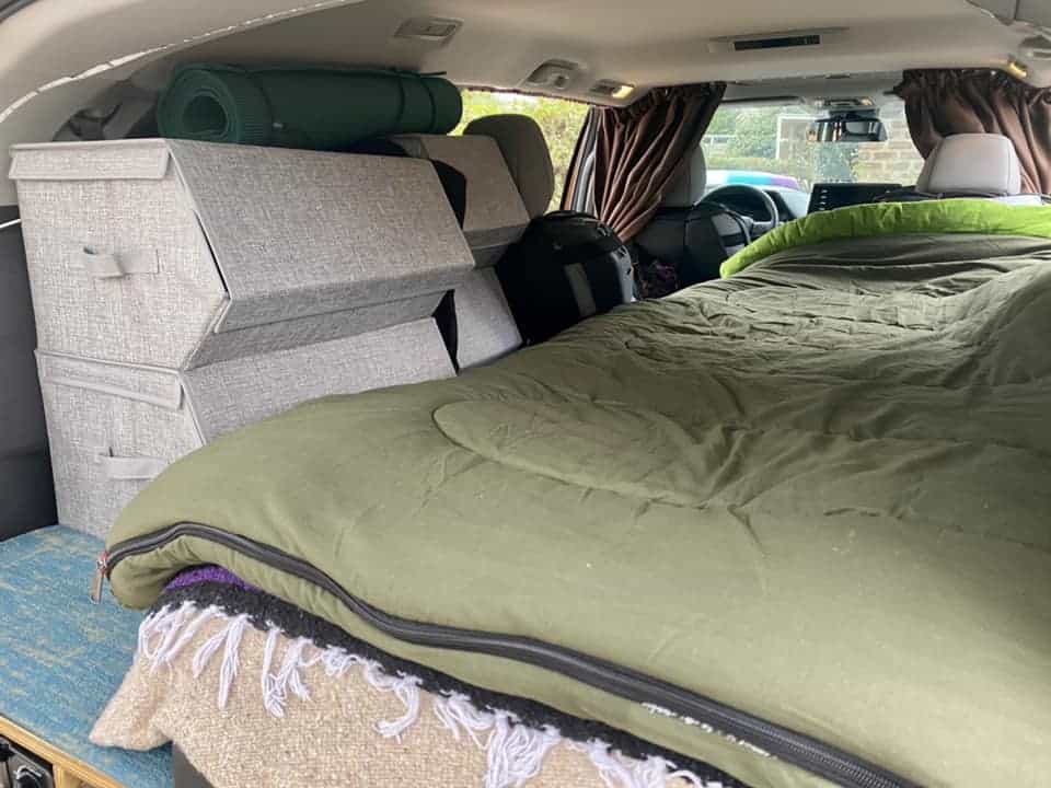 car camping organization ideas with fabric bins