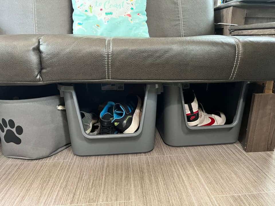 bins under rv couch for shoes
