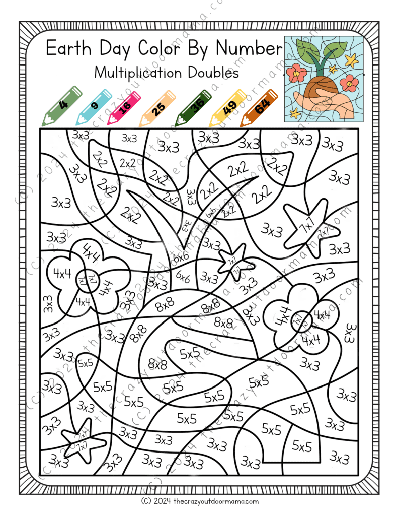 earth day color by number printable multiplication doubles 1st grade