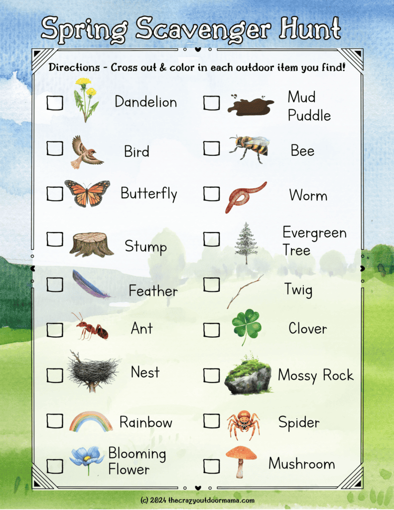 pretty nature spring scavenger hunt printable for kids