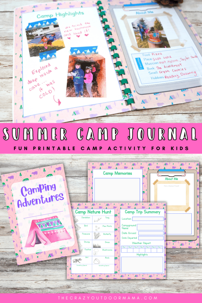 photo of bound summer camp journal with photos and entries plus the printable packet of the journal