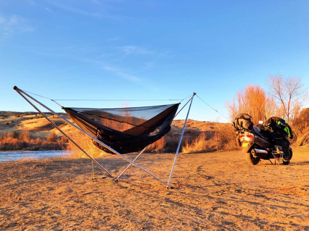 stand alone camping hammock anchored with motorcycle
