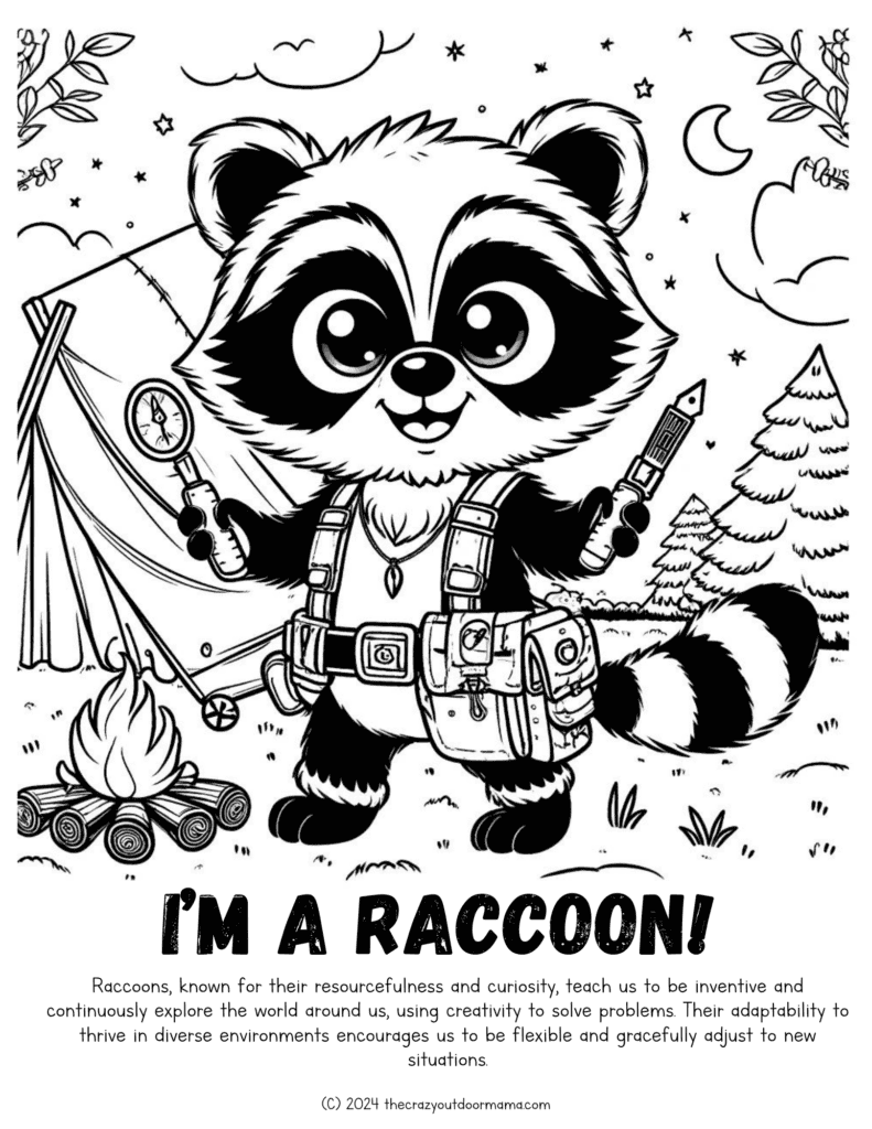 camping raccoon coloring page