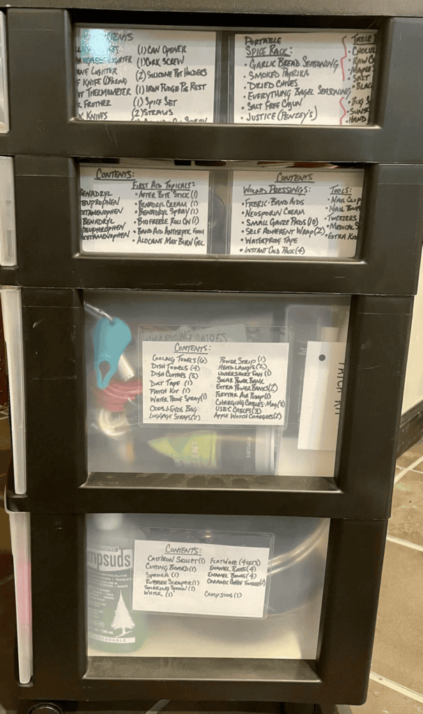 using plastic drawers from dollar tree for organizaion of camp items