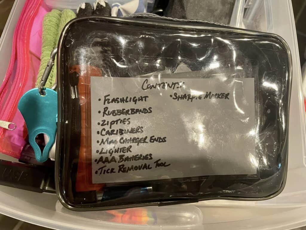 small plastic pouch from dollar tree used for organizing small camp items