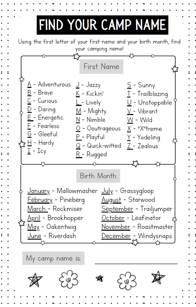 find your camp name game printable