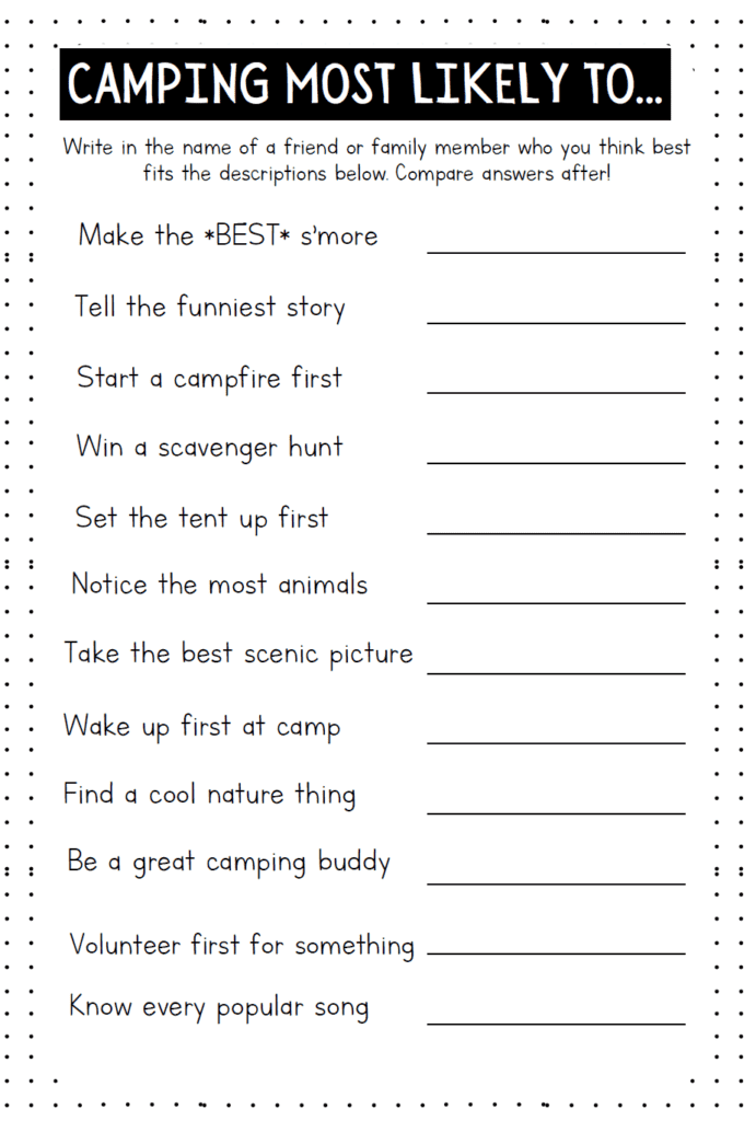 camping most likely to printable