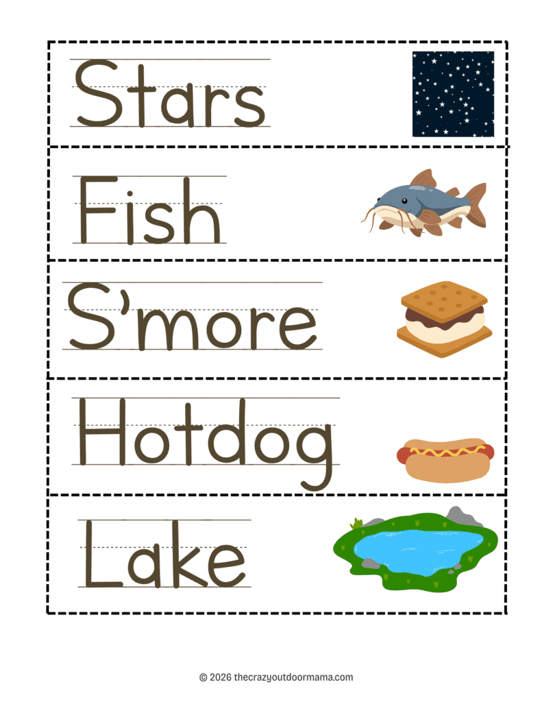 big printable camping words for kids