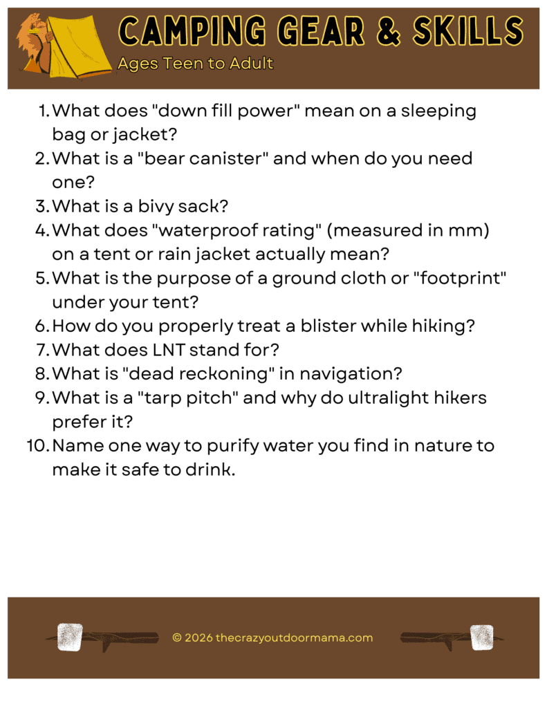 printable with camping gear trivia questions for teens and adults