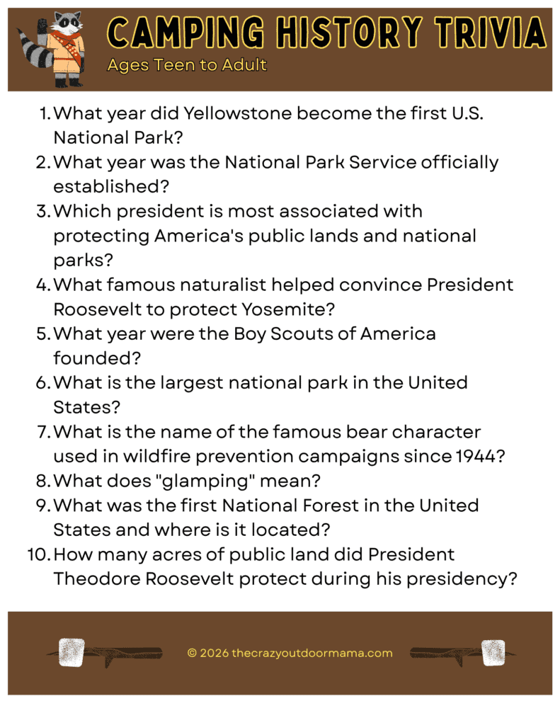 printable with history camping trivia questions for teens and adults