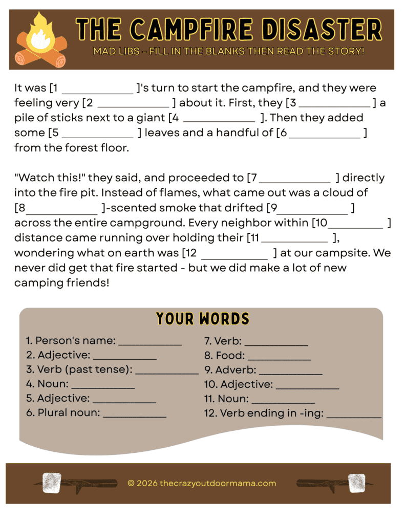 the campfire disaster free printable camping mad libs
