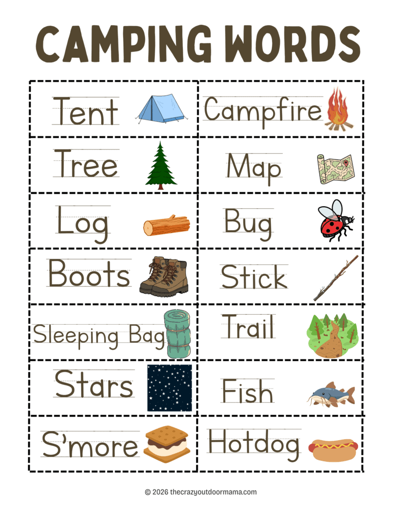 camping words printable for teachers