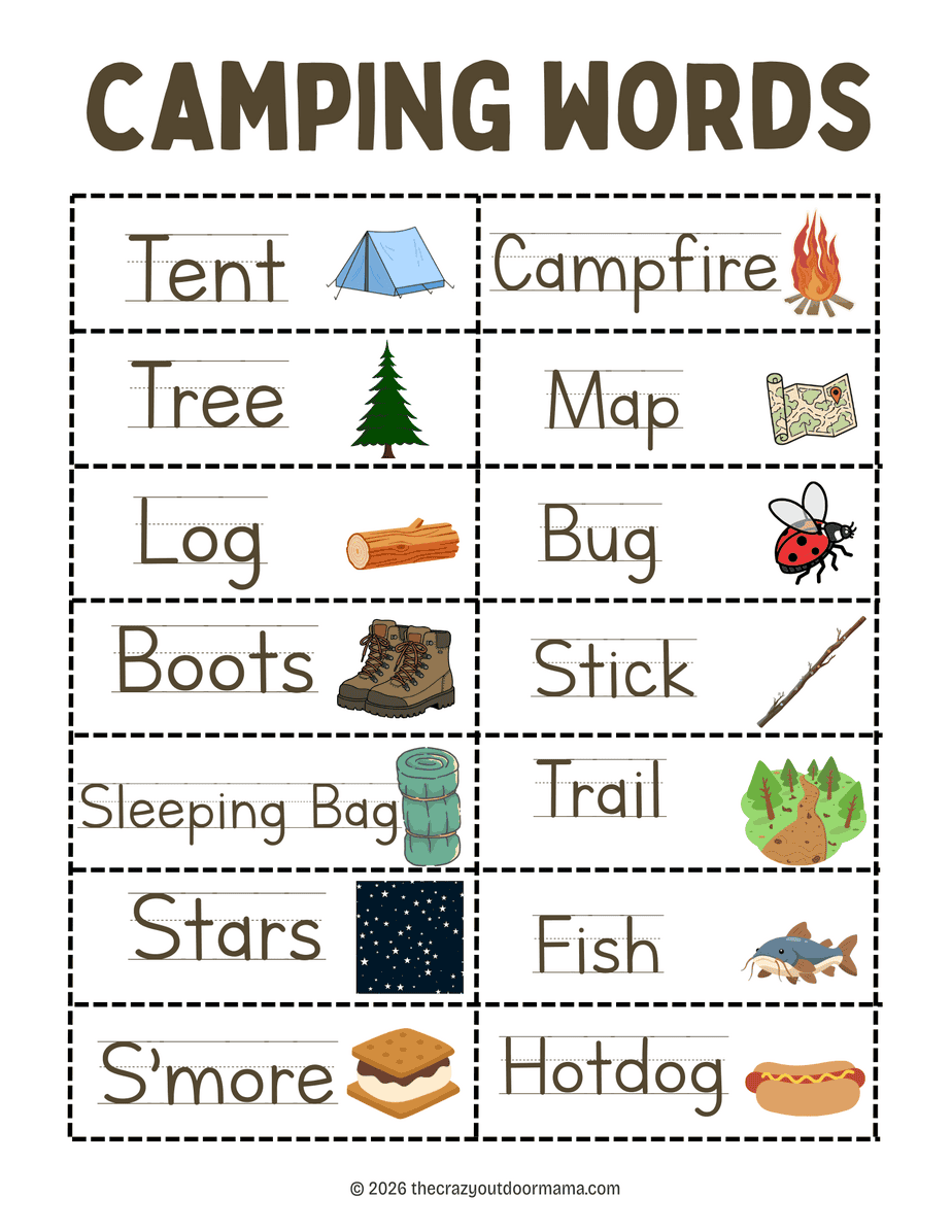 12 easy camping words for kids