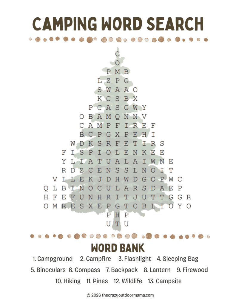 pine tree camp themed word search printable for kids with 13 words