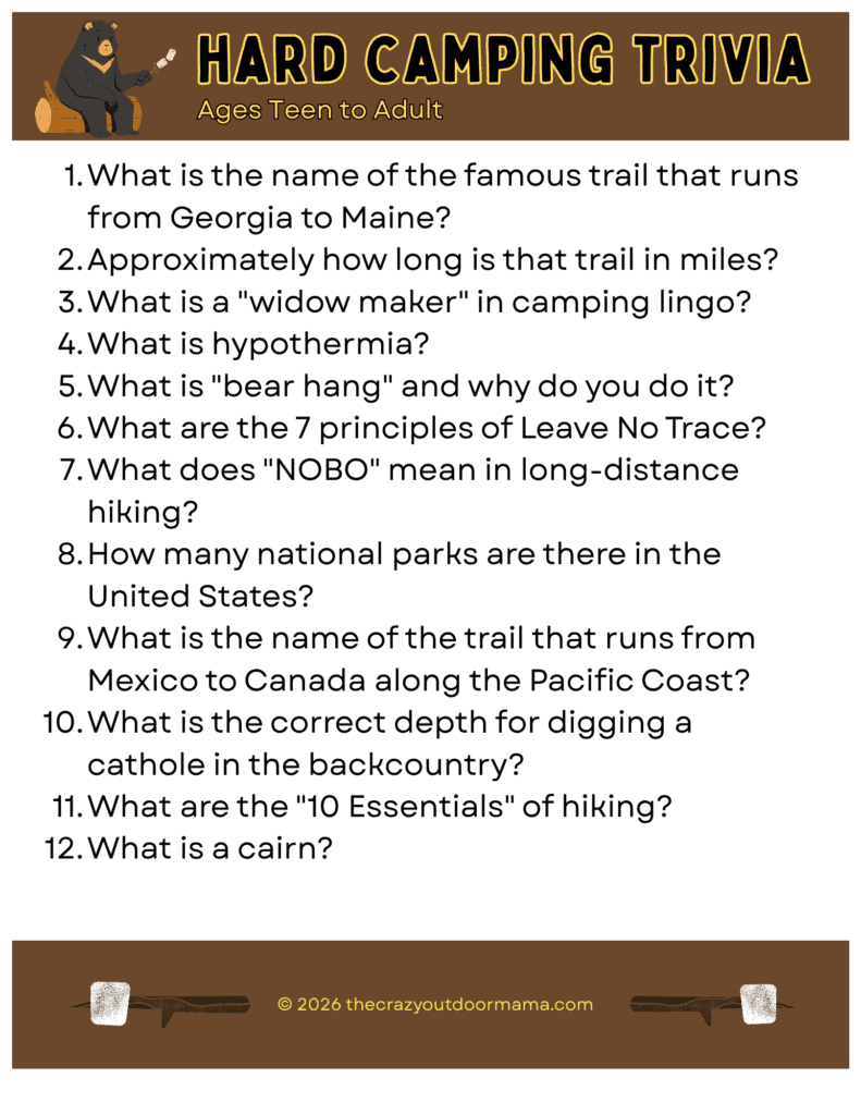 printable with hard camping trivia questions for teens and adults