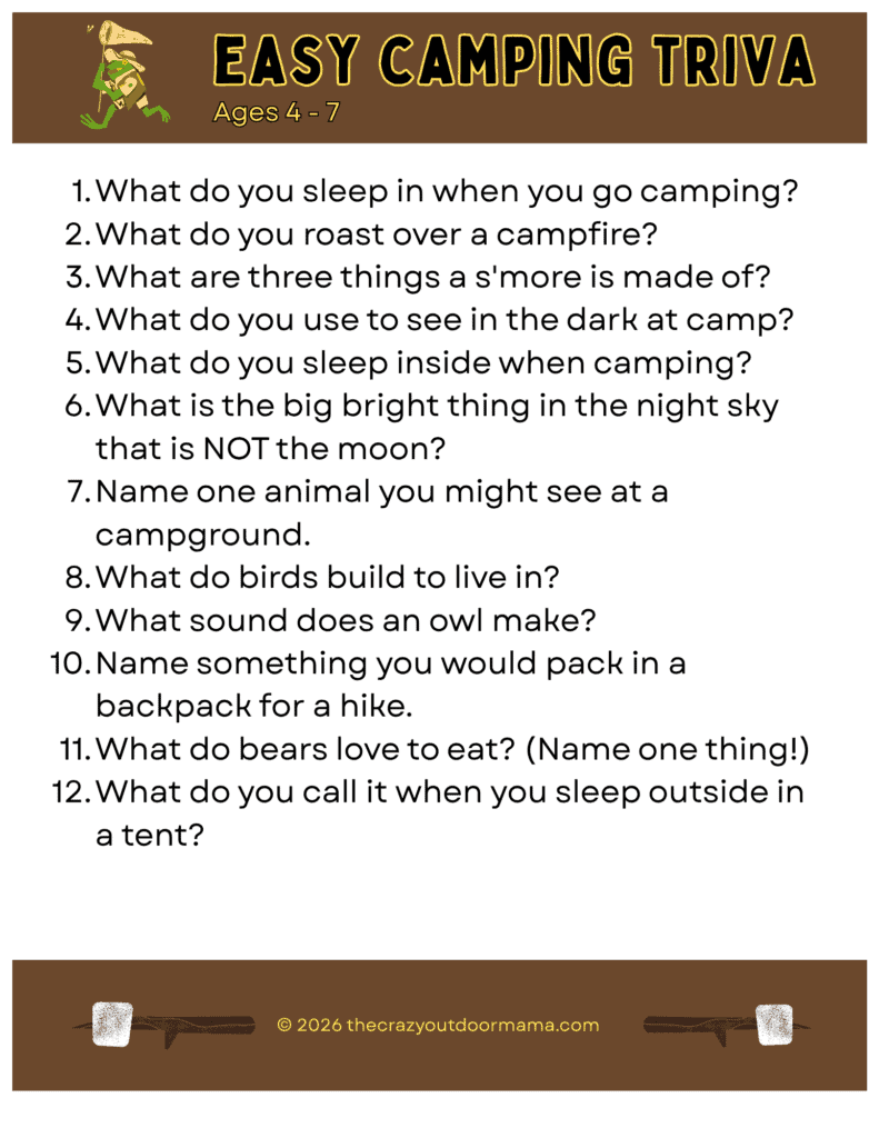 printable with easy camping trivia questions for ages 4-7