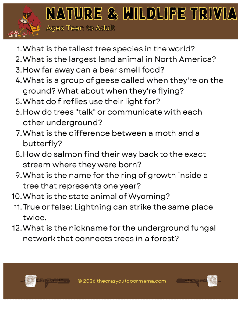 printable with nature and wildlife camping trivia questions for teens and adults