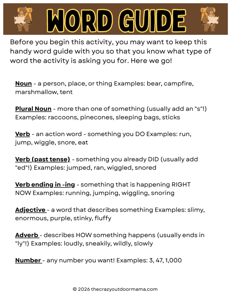 word meaning guide for free printable camping mad libs